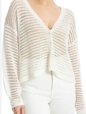 Max Studio Open-Knit V-Neck Button Cardigan in Cream